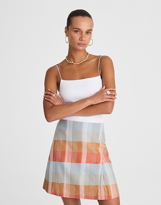 Madewell Single-Pleat Linen Mini Skirt Blue Orange Plaid