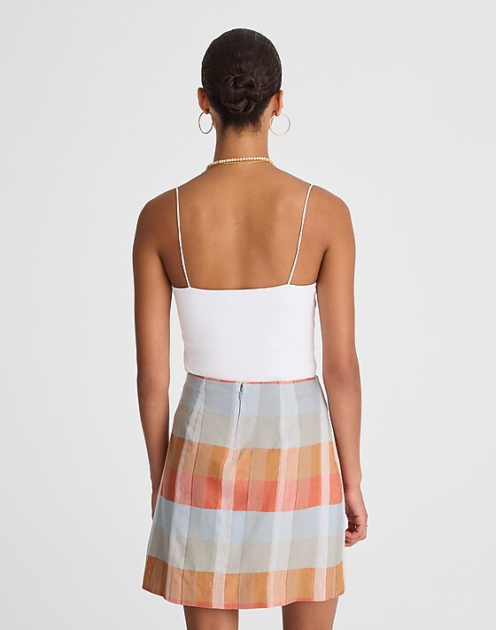 Madewell Single-Pleat Linen Mini Skirt Blue Orange Plaid