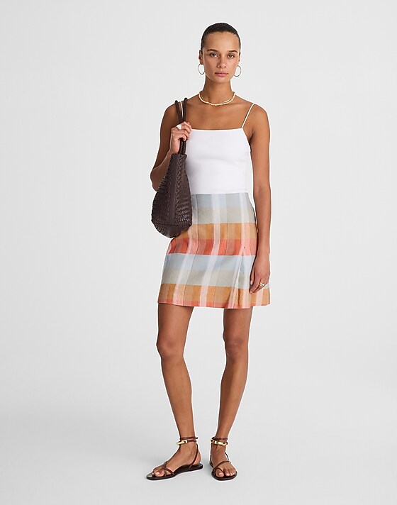 madewell Single-Pleat Linen Mini Skirt blue orange plaid