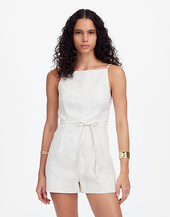 Madewell Sleeveless Square-Neck Pleated Romper Ivory Black Pinstripe