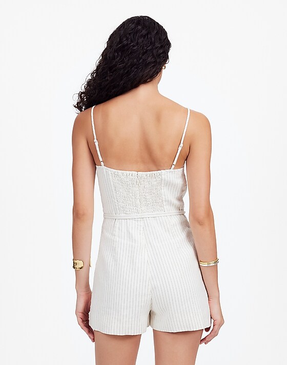 Madewell Sleeveless Square-Neck Pleated Romper Ivory Black Pinstripe