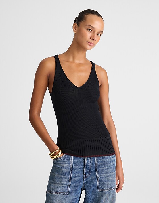 madewell Sleeveless Sweater Top in Merino-Silk Blend dark navy tipping