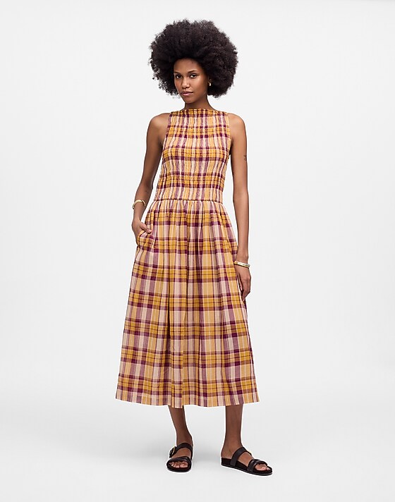 Madewell Smocked Boatneck Maxi Dress In Plaid Seersucker Afternoon Fuchsia