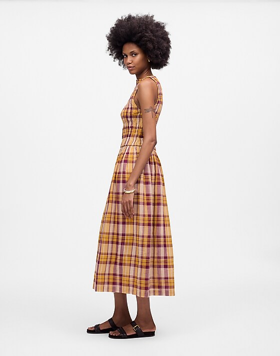 Madewell Smocked Boatneck Maxi Dress In Plaid Seersucker Afternoon Fuchsia