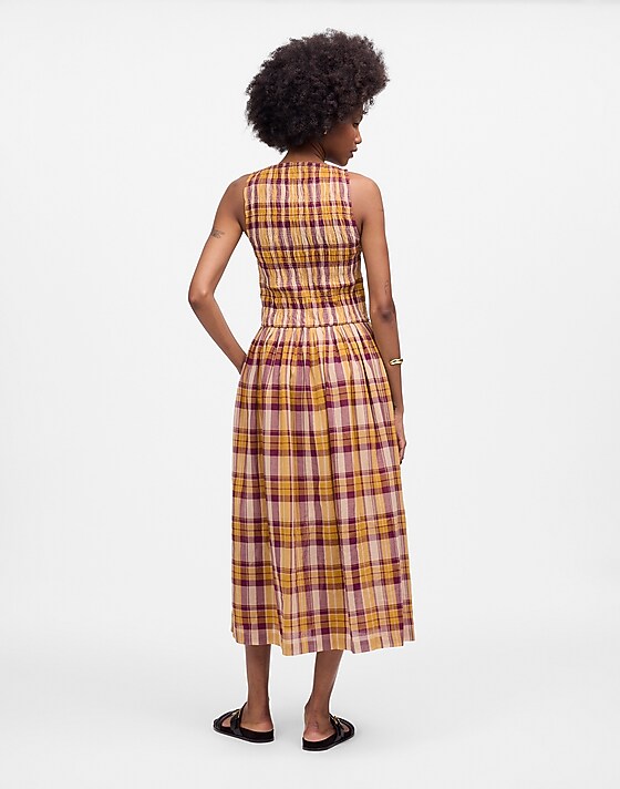 Madewell Smocked Boatneck Maxi Dress In Plaid Seersucker Afternoon Fuchsia