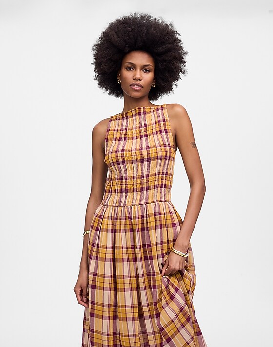 madewell Smocked Boatneck Maxi Dress in Plaid Seersucker afternoon fuchsia