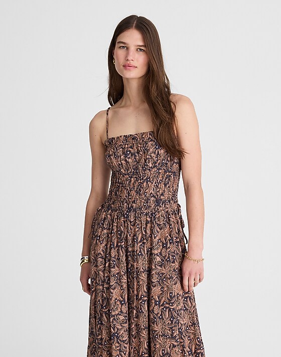 Madewell Smocked Bubble-Hem Midi Dress In Paisley Maya Paisley Juniper Berry