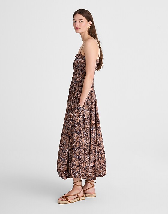 Madewell Smocked Bubble-Hem Midi Dress In Paisley Maya Paisley Juniper Berry