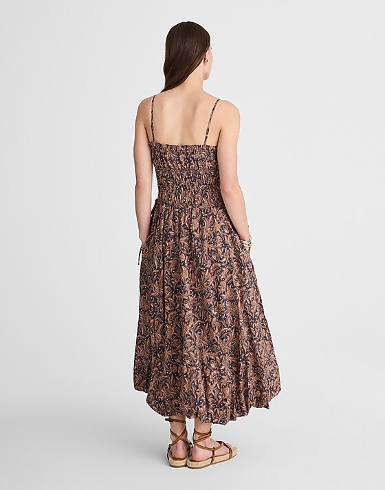 Madewell Smocked Bubble-Hem Midi Dress In Paisley Maya Paisley Juniper Berry