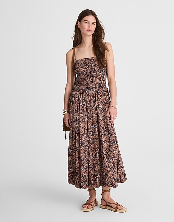 madewell Smocked Bubble-Hem Midi Dress in Paisley maya paisley juniper berry