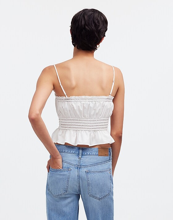 Madewell Smocked Button-Front Top In Poplin Eyelet White