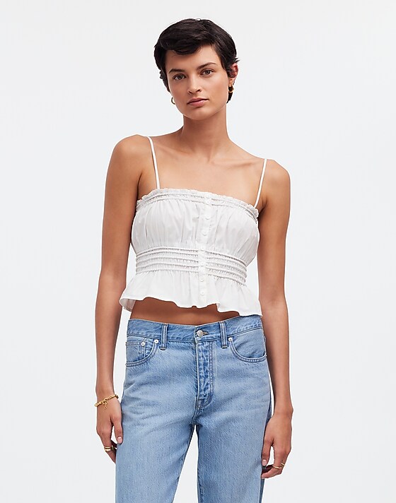 madewell Smocked Button-Front Top in Poplin eyelet white