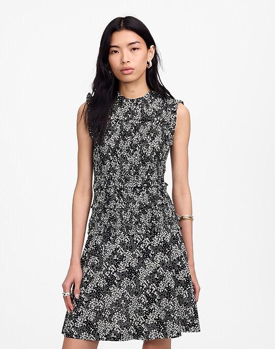 Madewell Smocked Crewneck Mini Dress In Floral Harper Floral Black White