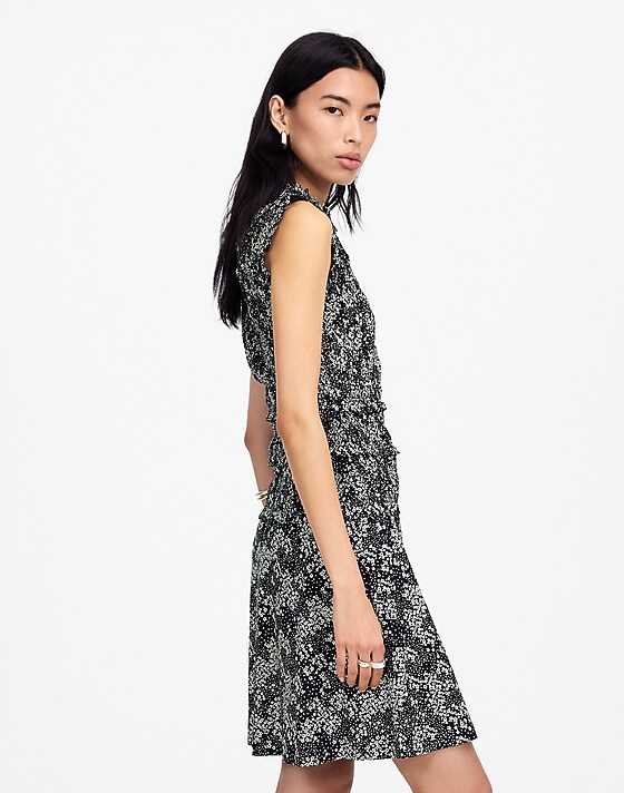 Madewell Smocked Crewneck Mini Dress In Floral Harper Floral Black White