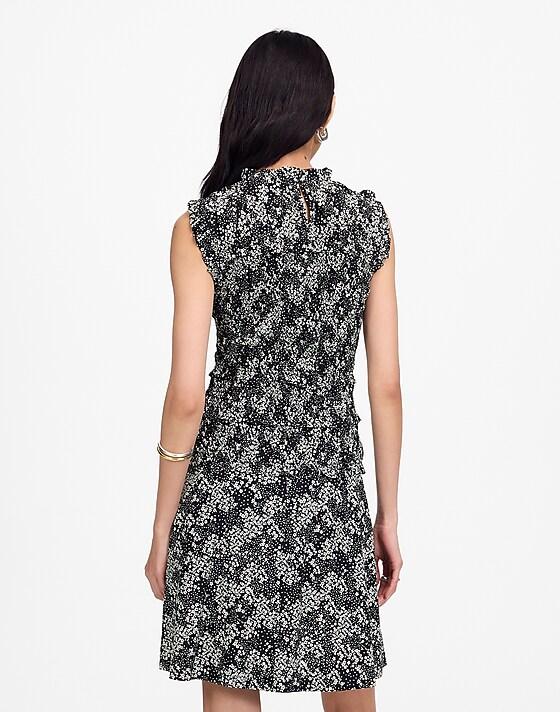 Madewell Smocked Crewneck Mini Dress In Floral Harper Floral Black White
