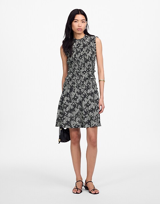 madewell Smocked Crewneck Mini Dress in Floral harper floral black white