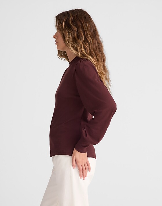 Madewell Smocked Long-Sleeve Top In Soft Slub Chocolate Raisin