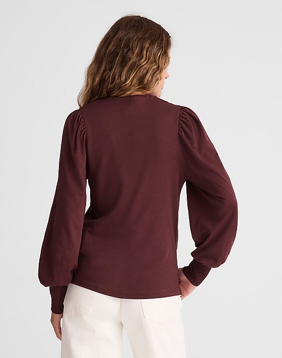Madewell Smocked Long-Sleeve Top In Soft Slub Chocolate Raisin