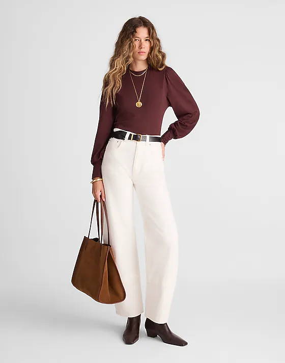 Madewell Smocked Long-Sleeve Top In Soft Slub Chocolate Raisin