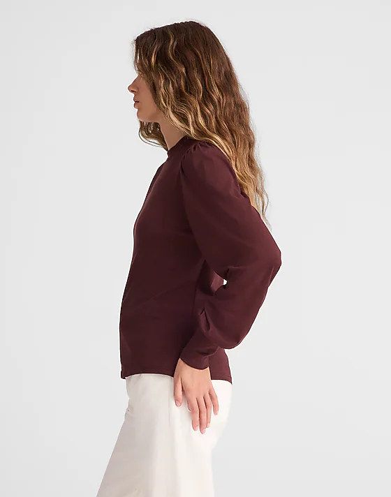Madewell Smocked Long-Sleeve Top In Soft Slub Chocolate Raisin