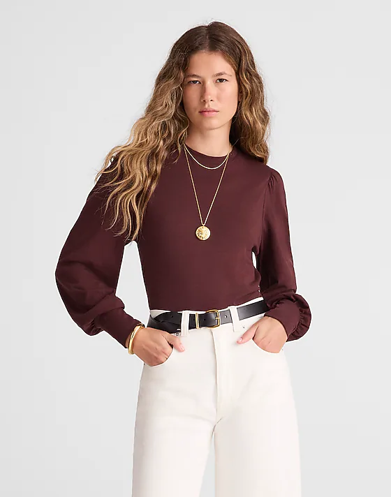 madewell Smocked Long-Sleeve Top in Soft Slub chocolate raisin