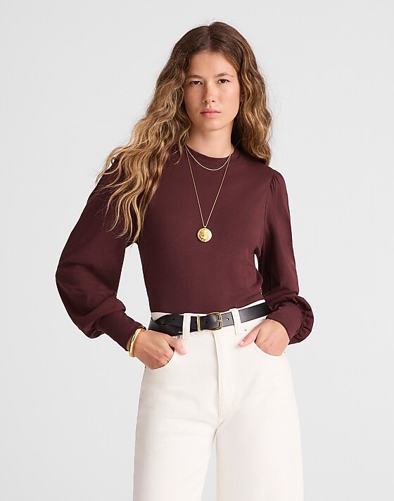 madewell Smocked Long-Sleeve Top in Soft Slub chocolate raisin