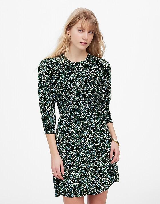 Madewell Smocked Mini Dress In Floral Meadow Ditsy Black