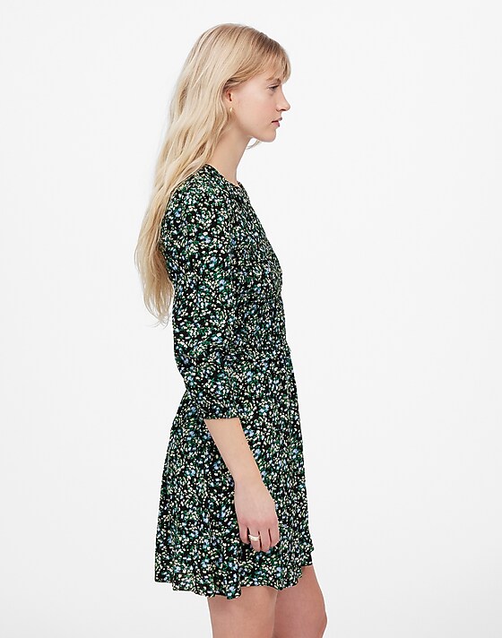 Madewell Smocked Mini Dress In Floral Meadow Ditsy Black