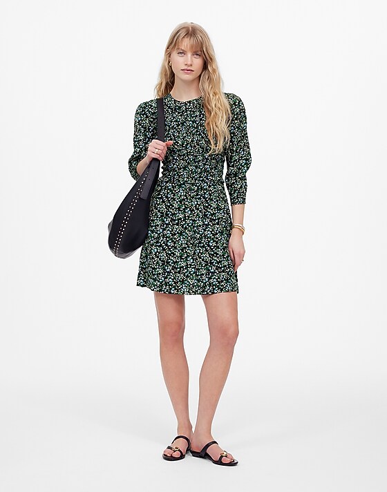 madewell Smocked Mini Dress in Floral meadow ditsy black