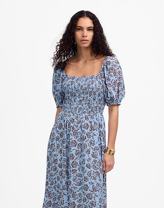 Madewell Smocked Puff-Sleeve Dress In Floral Saylor Floral Light Pool