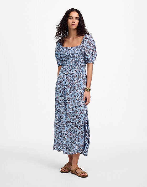 madewell Smocked Puff-Sleeve Dress in Floral saylor floral light pool