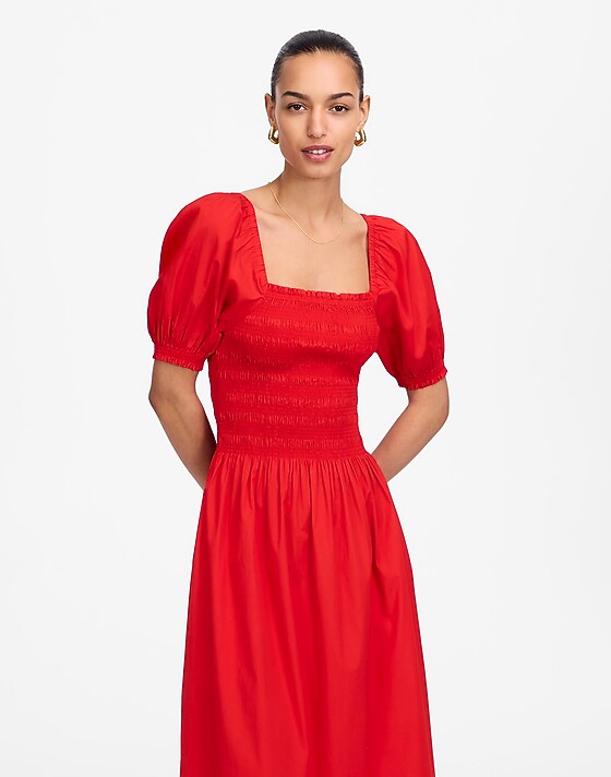 Madewell Smocked Puff Sleeve Midi Dress In Poplin Cerise
