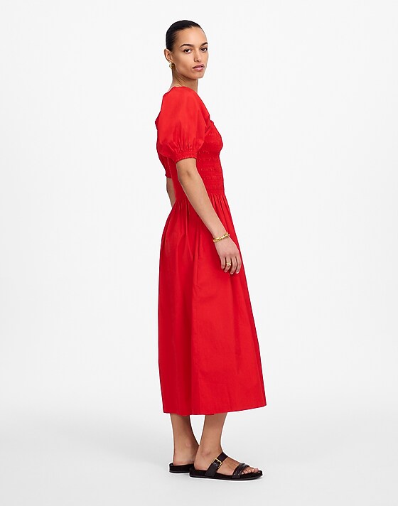 Madewell Smocked Puff Sleeve Midi Dress In Poplin Cerise