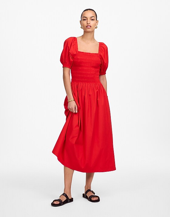 madewell Smocked Puff Sleeve Midi Dress in Poplin cerise