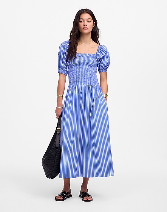 Madewell Smocked Puff Sleeve Midi Dress In Poplin Waterfall