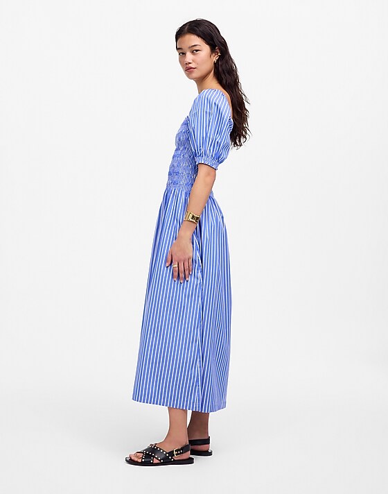 Madewell Smocked Puff Sleeve Midi Dress In Poplin Waterfall