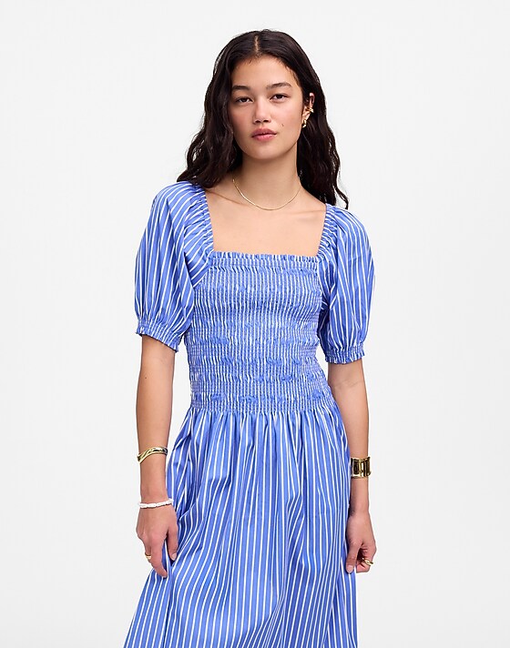 madewell Smocked Puff Sleeve Midi Dress in Poplin waterfall
