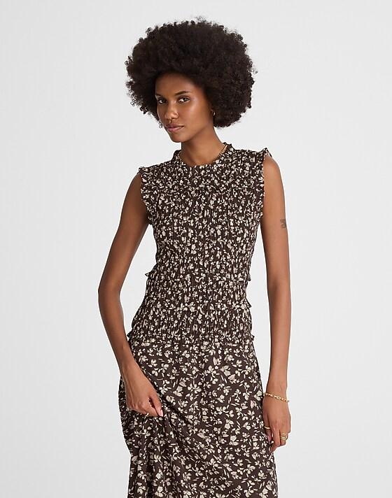 madewell Smocked Sleeveless Midi Dress carissa print