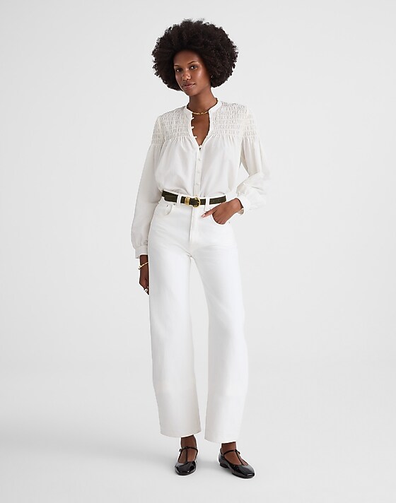 Madewell Smocked Top In Cotton-Silk Blend Fresh Cream