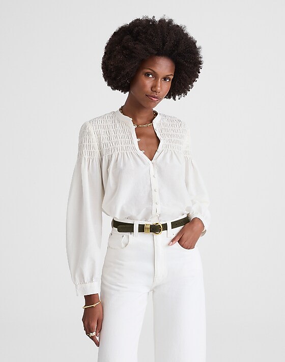 madewell Smocked Top in Cotton-Silk Blend fresh cream