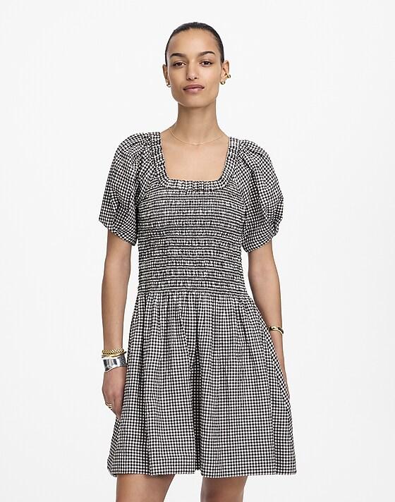 Madewell Smocked U-Neck Mini Dress In Gingham Black White Gingham