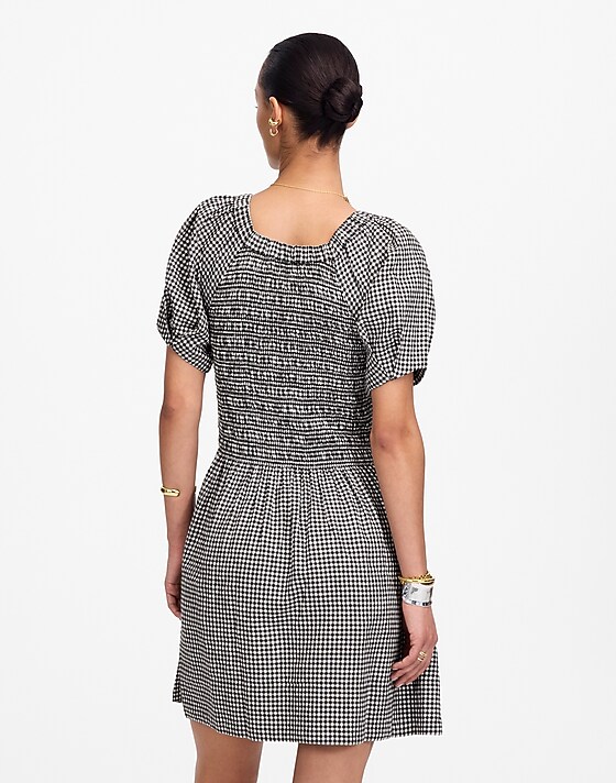 Madewell Smocked U-Neck Mini Dress In Gingham Black White Gingham