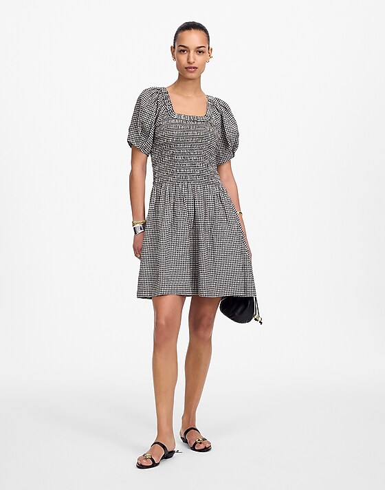 madewell Smocked U-Neck Mini Dress in Gingham black white gingham