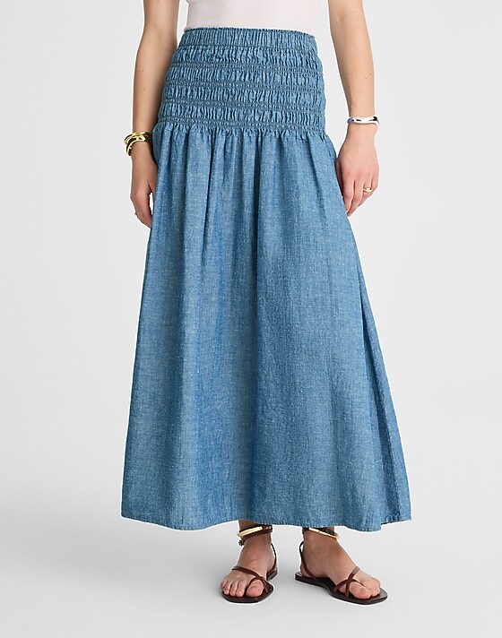 Madewell Smocked-Waist Denim Midi Skirt Brinkley Wash