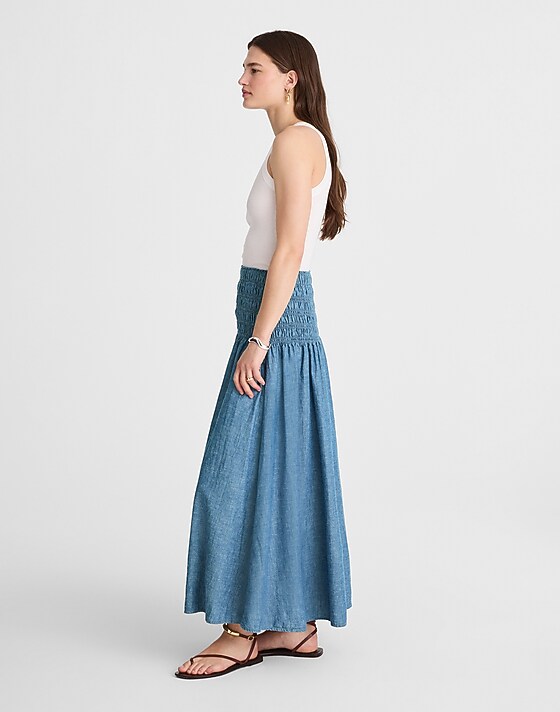 Madewell Smocked-Waist Denim Midi Skirt Brinkley Wash