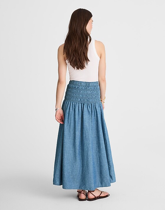 Madewell Smocked-Waist Denim Midi Skirt Brinkley Wash