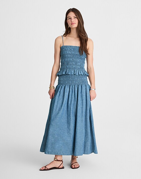 madewell Smocked-Waist Denim Midi Skirt brinkley wash