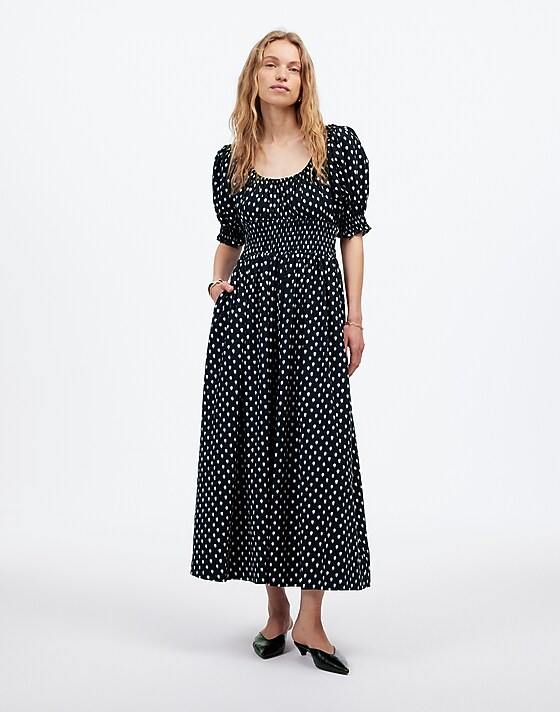 madewell Smocked-Waist Midi Dress in Shibori Dot Print shibori dot with pink