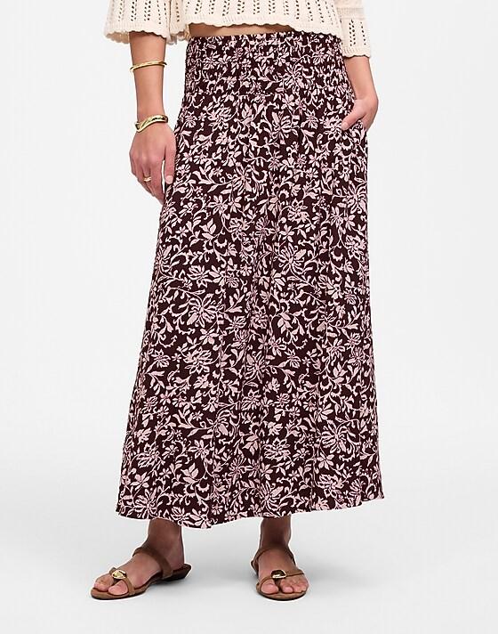 Madewell Smocked-Waist Midi Skirt Casella Vines Raisin