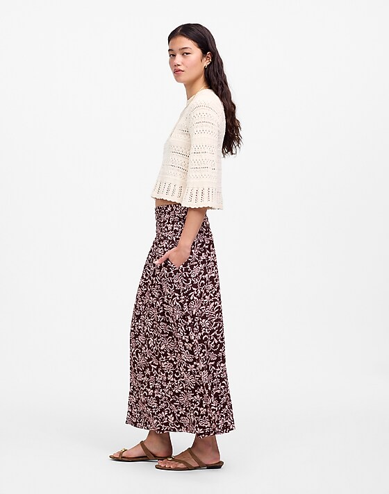 Madewell Smocked-Waist Midi Skirt Casella Vines Raisin